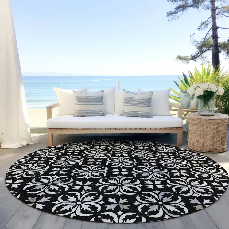 8' Black And Ivory Round Floral Washable Indoor Outdoor Area Rug