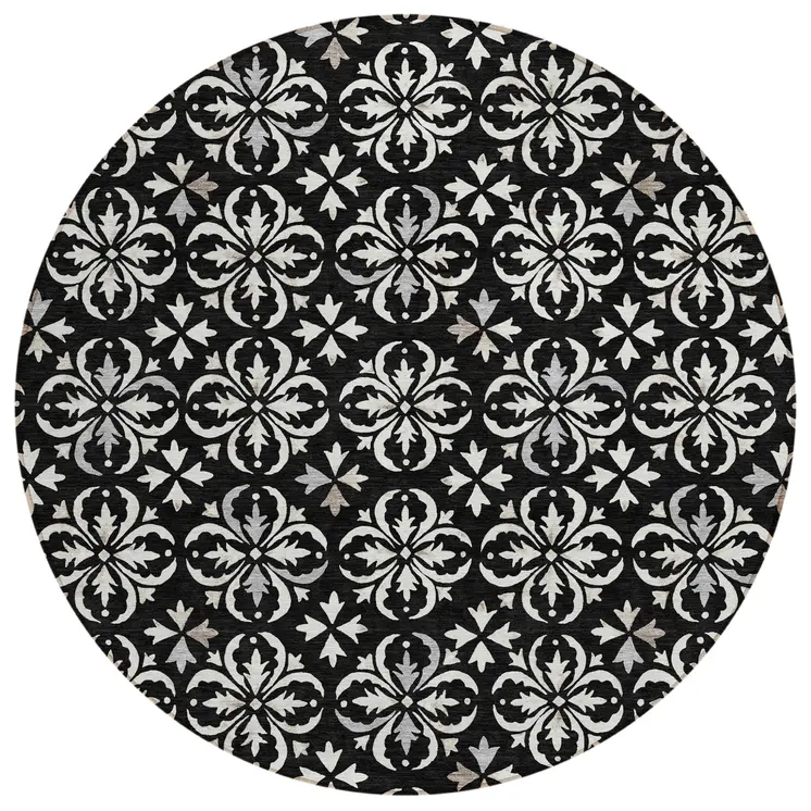 8' Black And Ivory Round Floral Washable Indoor Outdoor Area Rug