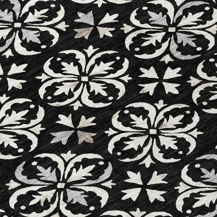 8' Black And Ivory Round Floral Washable Indoor Outdoor Area Rug