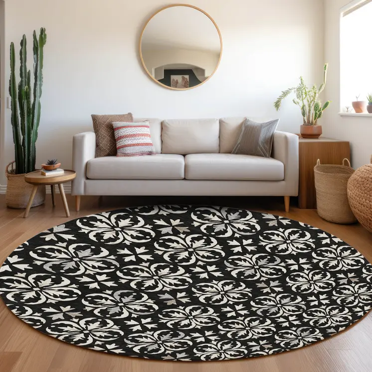 8' Black And Ivory Round Floral Washable Indoor Outdoor Area Rug