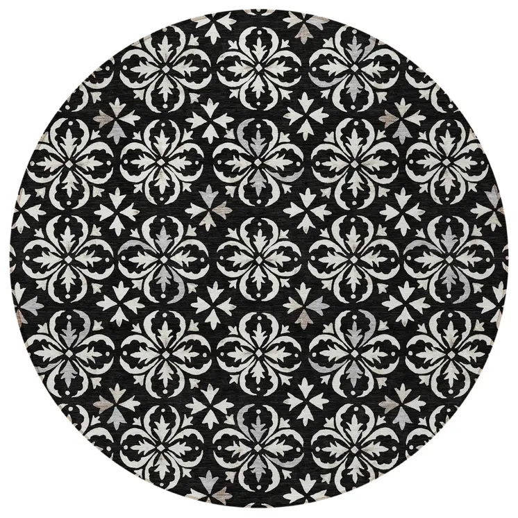 8' Black And Ivory Round Floral Washable Indoor Outdoor Area Rug
