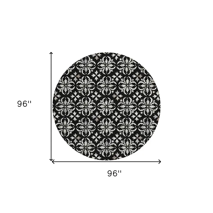 8' Black And Ivory Round Floral Washable Indoor Outdoor Area Rug