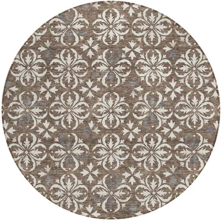 8' Brown Gray And Beige Round Floral Washable Indoor Outdoor Area Rug