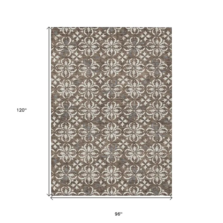 8' X 10' Brown Gray And Beige Floral Washable Indoor Outdoor Area Rug