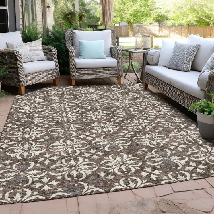 8' X 10' Brown Gray And Beige Floral Washable Indoor Outdoor Area Rug