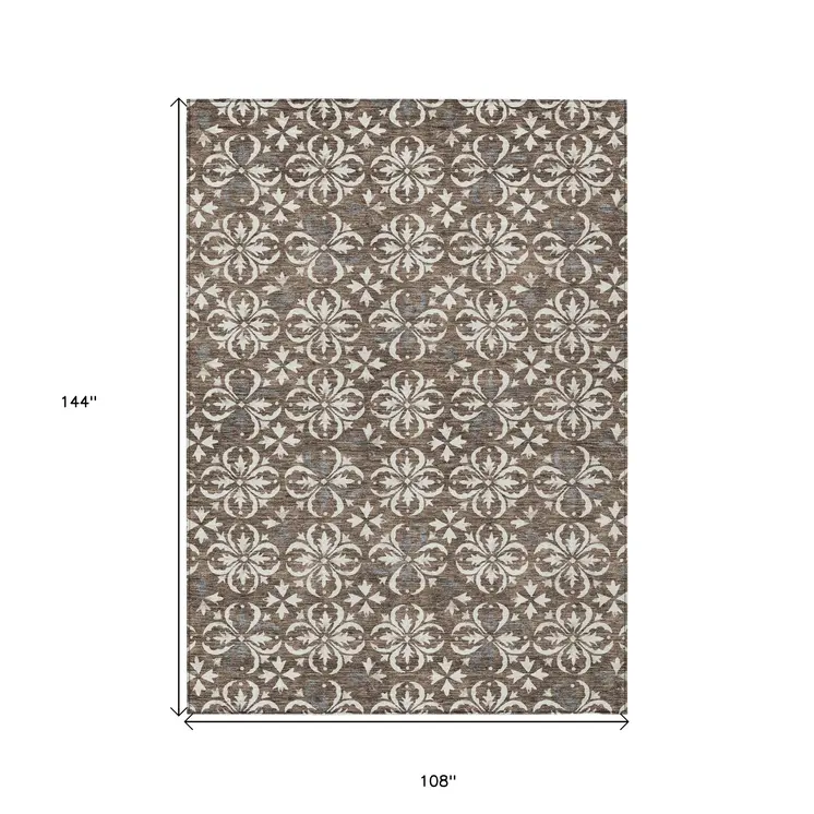 9' X 12' Brown Gray And Beige Floral Washable Indoor Outdoor Area Rug