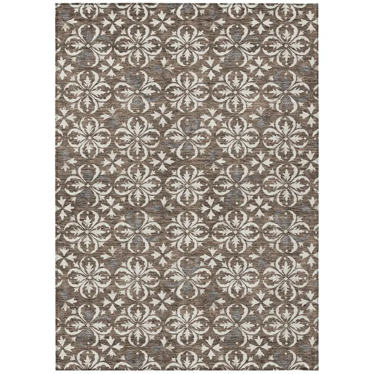 9' X 12' Brown Gray And Beige Floral Washable Indoor Outdoor Area Rug