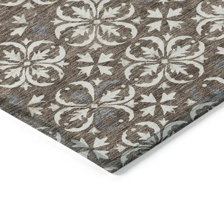 9' X 12' Brown Gray And Beige Floral Washable Indoor Outdoor Area Rug