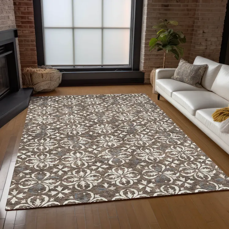 9' X 12' Brown Gray And Beige Floral Washable Indoor Outdoor Area Rug