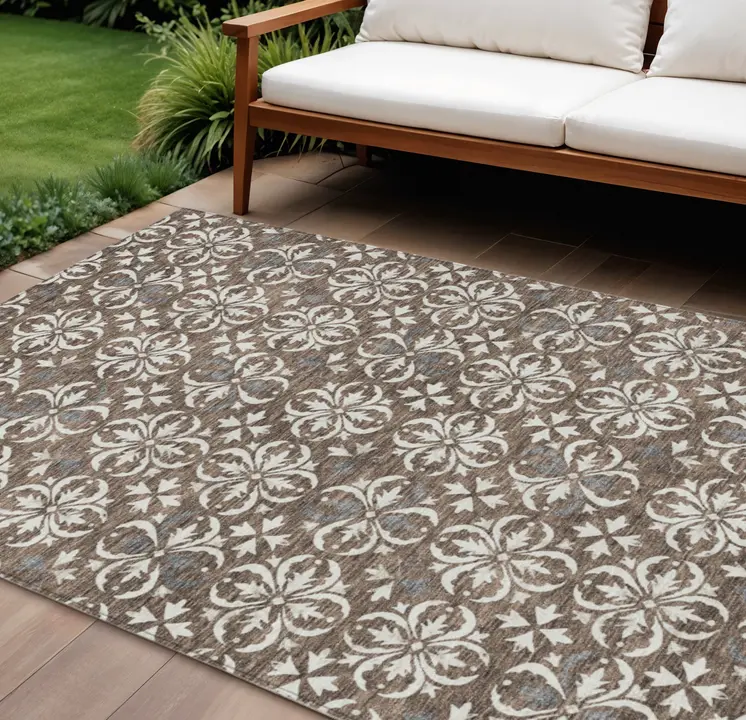 10' X 14' Brown Gray And Beige Floral Washable Indoor Outdoor Area Rug
