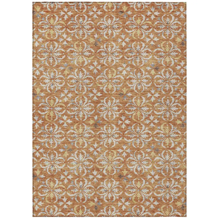 5' X 8' Copper Gray And Beige Floral Washable Indoor Outdoor Area Rug