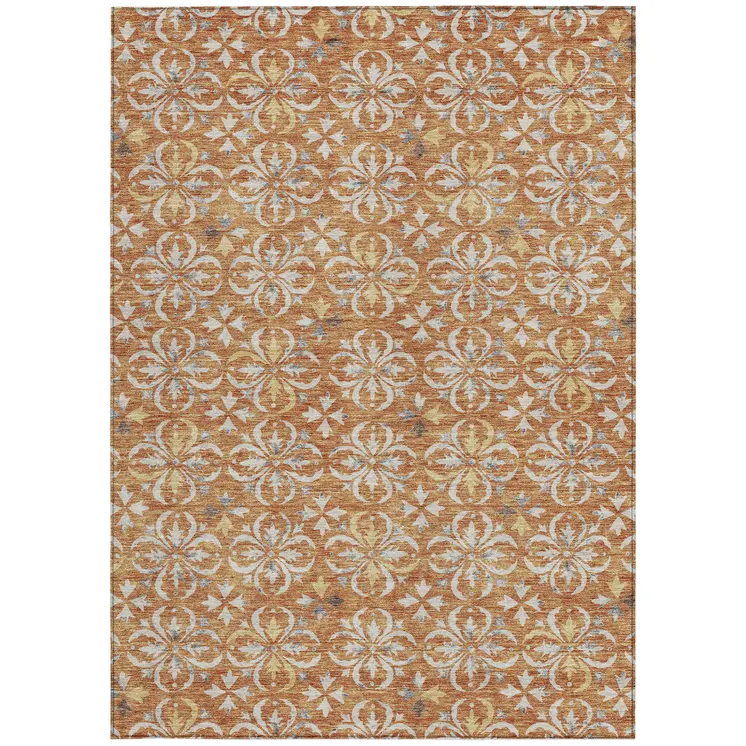 8' X 10' Copper Gray And Beige Floral Washable Indoor Outdoor Area Rug