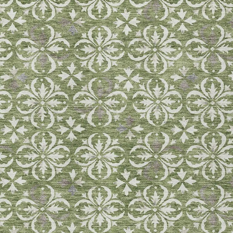 3' X 5' Green Gray And Ivory Floral Washable Indoor Outdoor Area Rug