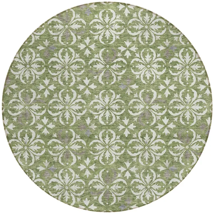 8' Green Gray And Ivory Round Floral Washable Indoor Outdoor Area Rug