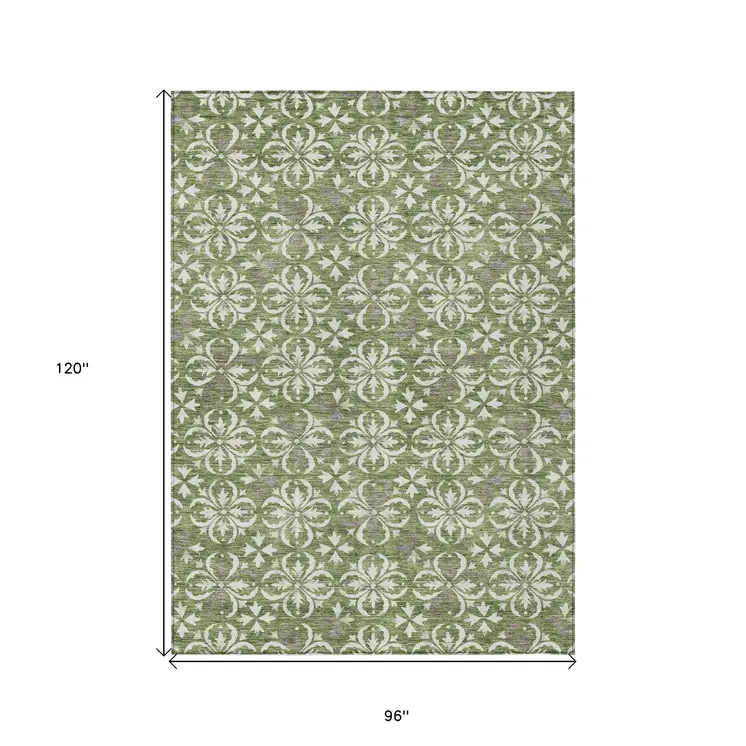 8' X 10' Green Gray And Ivory Floral Washable Indoor Outdoor Area Rug