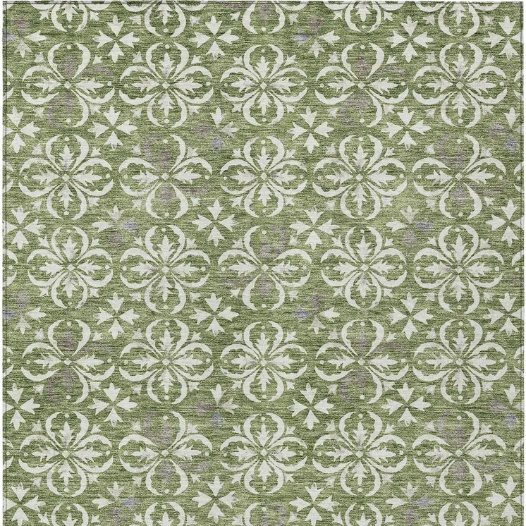 10' X 14' Green Gray And Ivory Floral Washable Indoor Outdoor Area Rug