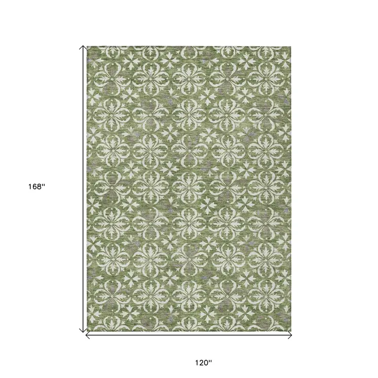 10' X 14' Green Gray And Ivory Floral Washable Indoor Outdoor Area Rug