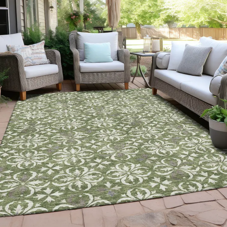 10' X 14' Green Gray And Ivory Floral Washable Indoor Outdoor Area Rug