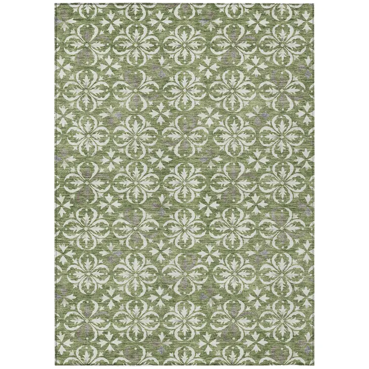 10' X 14' Green Gray And Ivory Floral Washable Indoor Outdoor Area Rug