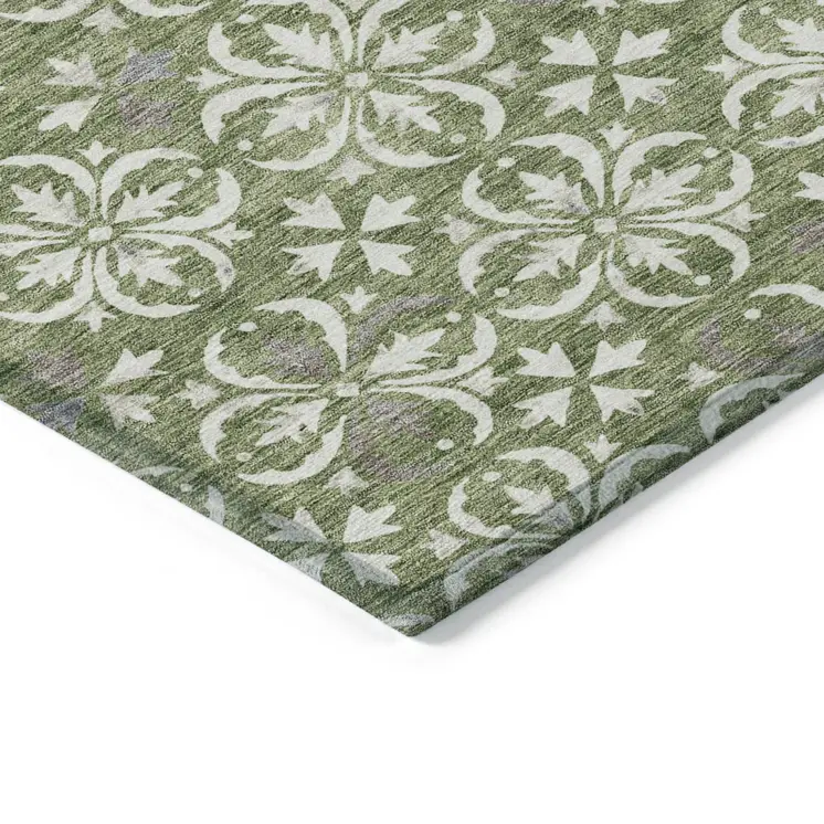 10' X 14' Green Gray And Ivory Floral Washable Indoor Outdoor Area Rug