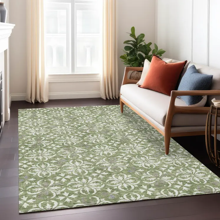 10' X 14' Green Gray And Ivory Floral Washable Indoor Outdoor Area Rug