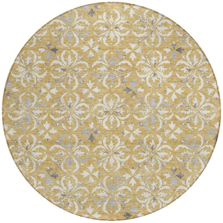 8' Gold Gray And Beige Round Floral Washable Indoor Outdoor Area Rug