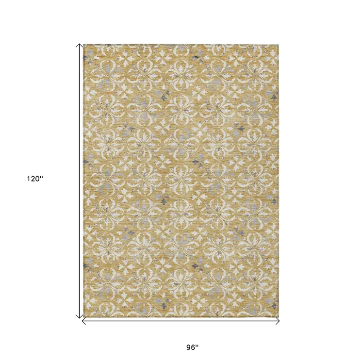 8' X 10' Gold Gray And Beige Floral Washable Indoor Outdoor Area Rug