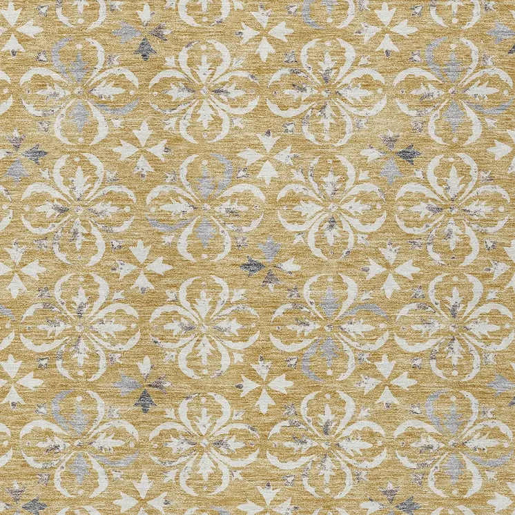 8' X 10' Gold Gray And Beige Floral Washable Indoor Outdoor Area Rug