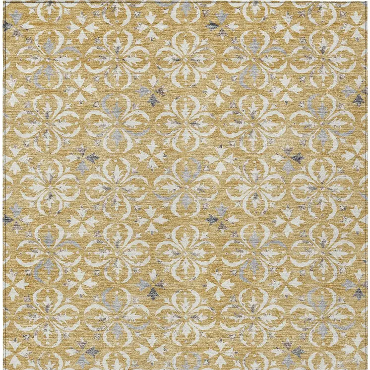 10' X 14' Gold Gray And Beige Floral Washable Indoor Outdoor Area Rug