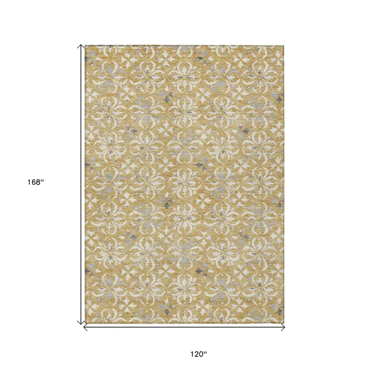 10' X 14' Gold Gray And Beige Floral Washable Indoor Outdoor Area Rug