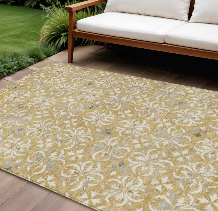 10' X 14' Gold Gray And Beige Floral Washable Indoor Outdoor Area Rug