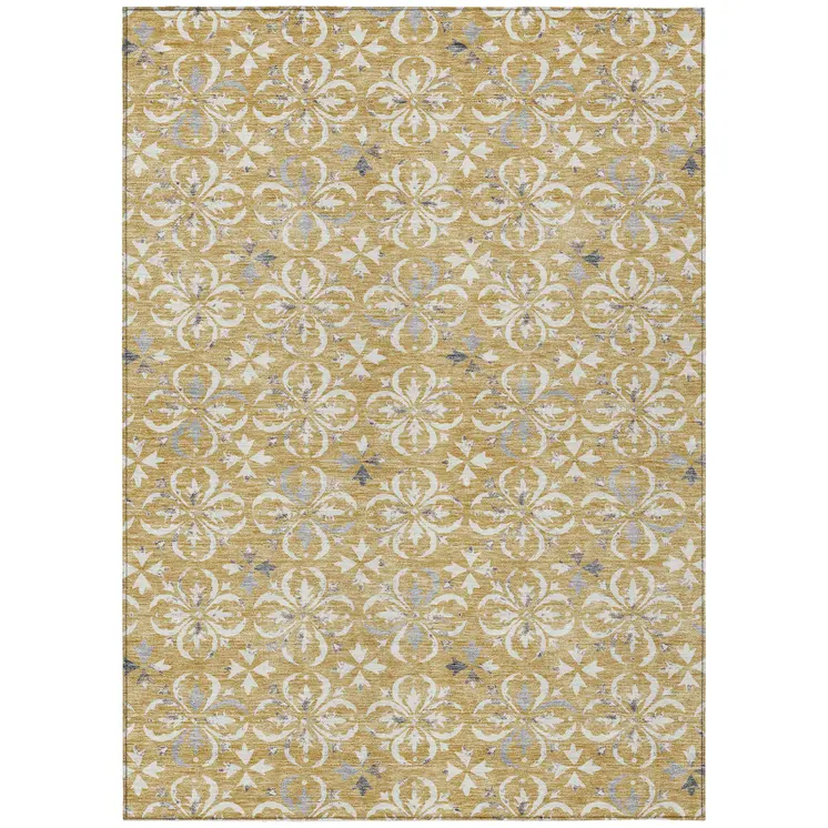 10' X 14' Gold Gray And Beige Floral Washable Indoor Outdoor Area Rug