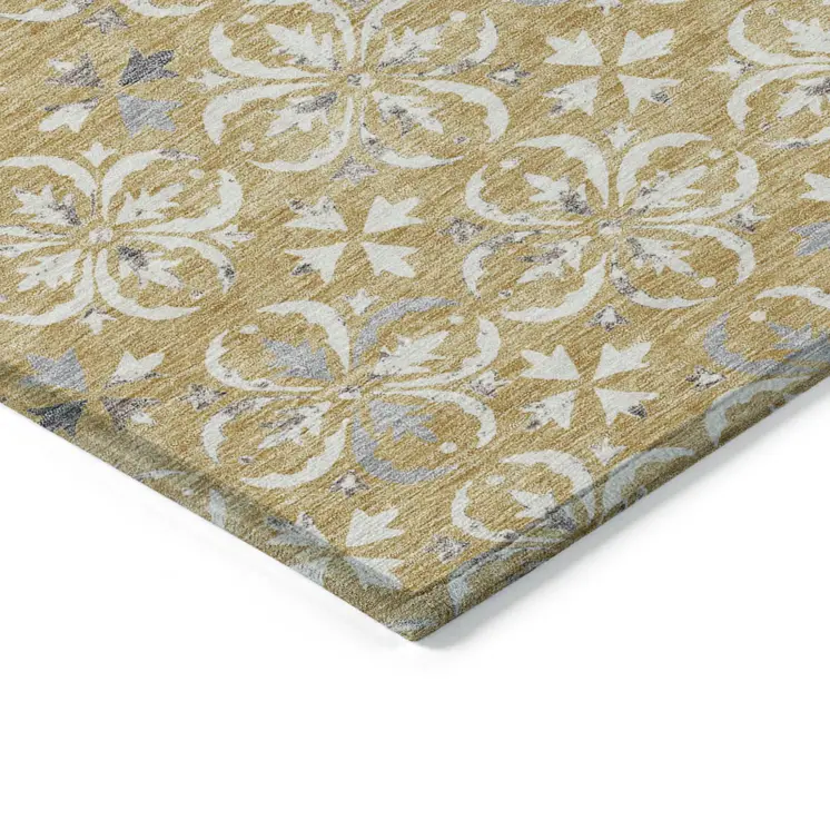 10' X 14' Gold Gray And Beige Floral Washable Indoor Outdoor Area Rug