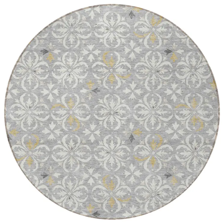 8' Gray Ivory And Brown Round Floral Washable Indoor Outdoor Area Rug