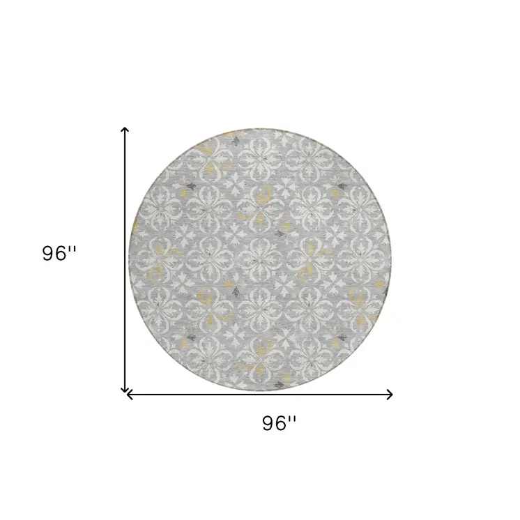 8' Gray Ivory And Brown Round Floral Washable Indoor Outdoor Area Rug