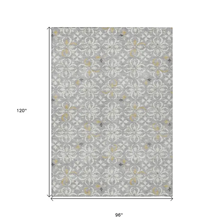 8' X 10' Gray Ivory And Brown Floral Washable Indoor Outdoor Area Rug