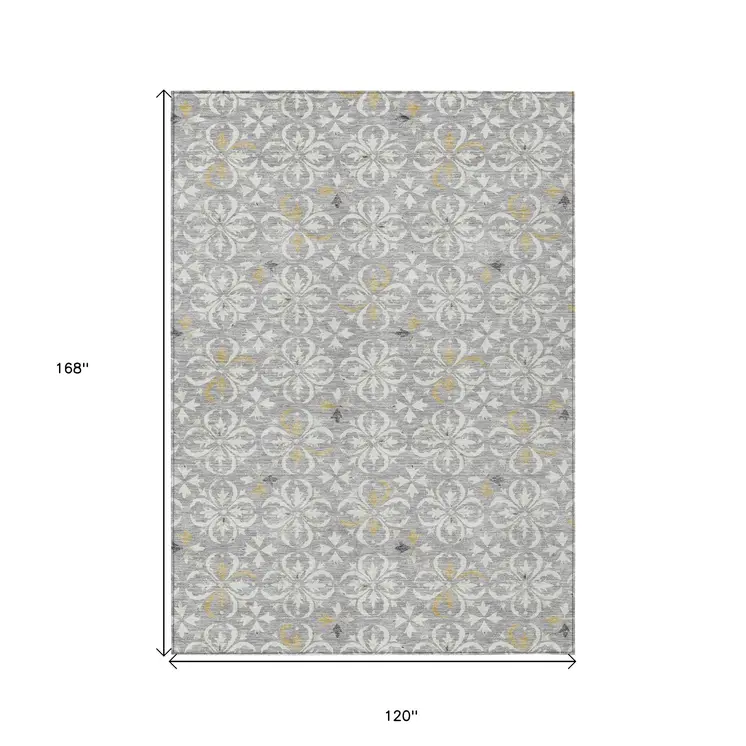 10' X 14' Gray Ivory And Brown Floral Washable Indoor Outdoor Area Rug