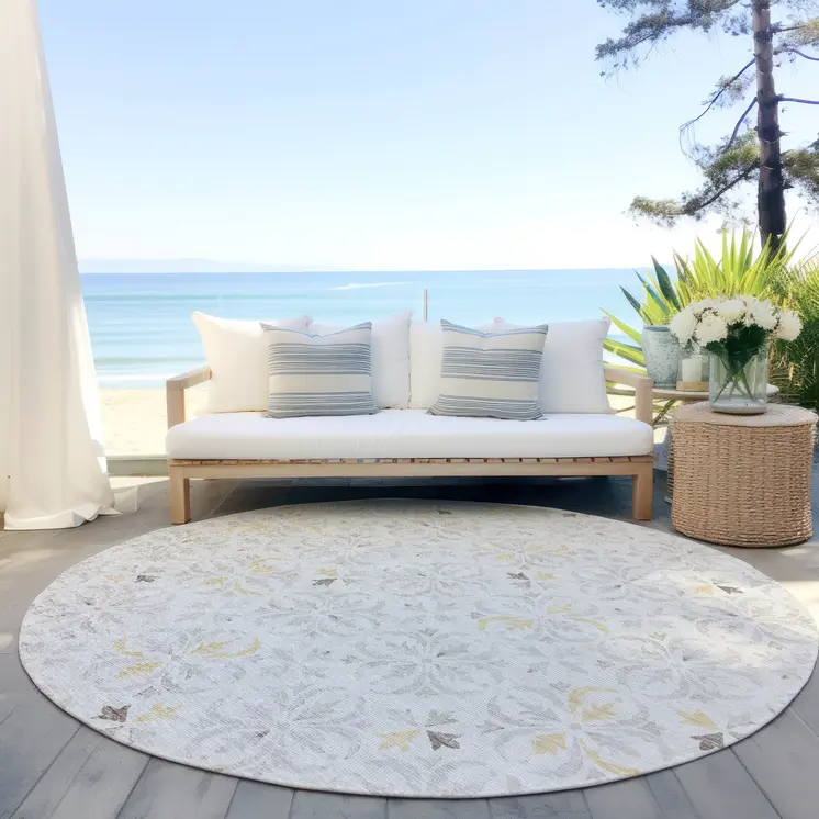 8' Ivory Gray And Gold Round Floral Washable Indoor Outdoor Area Rug