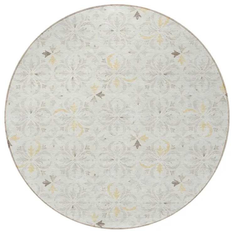 8' Ivory Gray And Gold Round Floral Washable Indoor Outdoor Area Rug