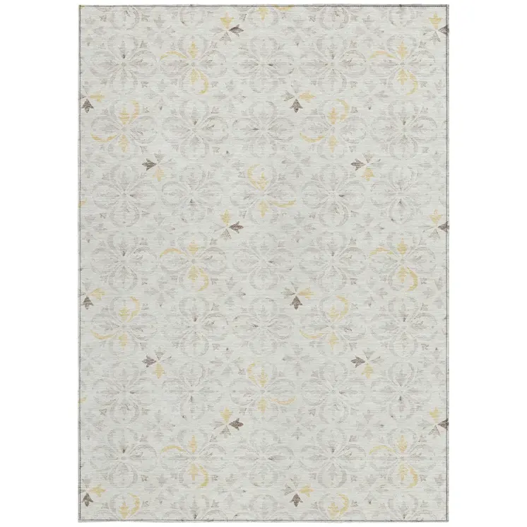 9' X 12' Ivory Gray And Gold Floral Washable Indoor Outdoor Area Rug