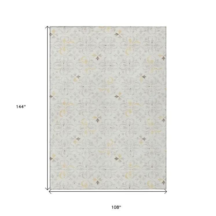 9' X 12' Ivory Gray And Gold Floral Washable Indoor Outdoor Area Rug