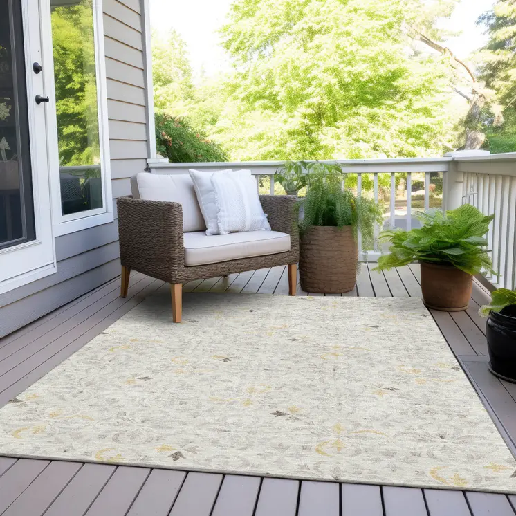 9' X 12' Ivory Gray And Gold Floral Washable Indoor Outdoor Area Rug