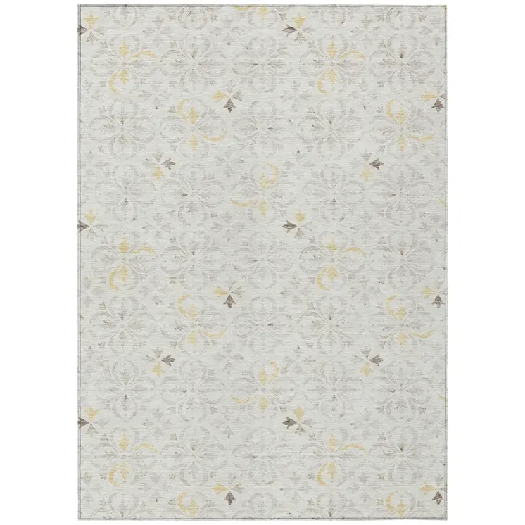 9' X 12' Ivory Gray And Gold Floral Washable Indoor Outdoor Area Rug