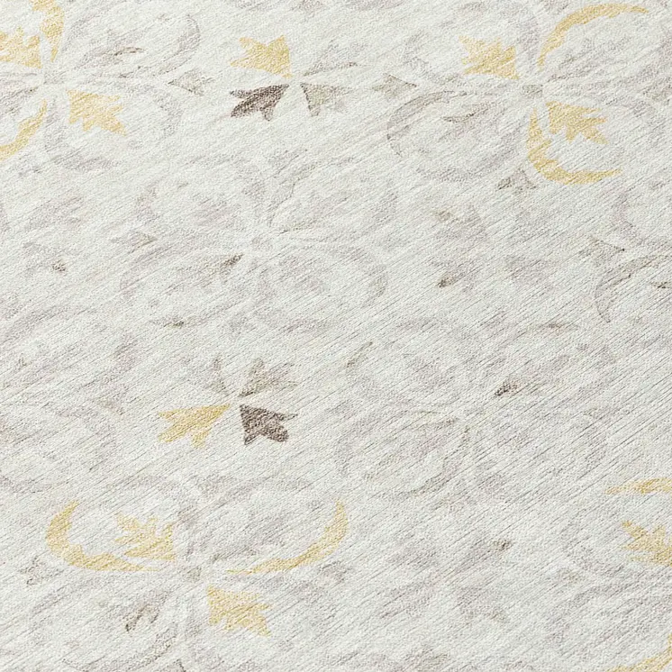 9' X 12' Ivory Gray And Gold Floral Washable Indoor Outdoor Area Rug