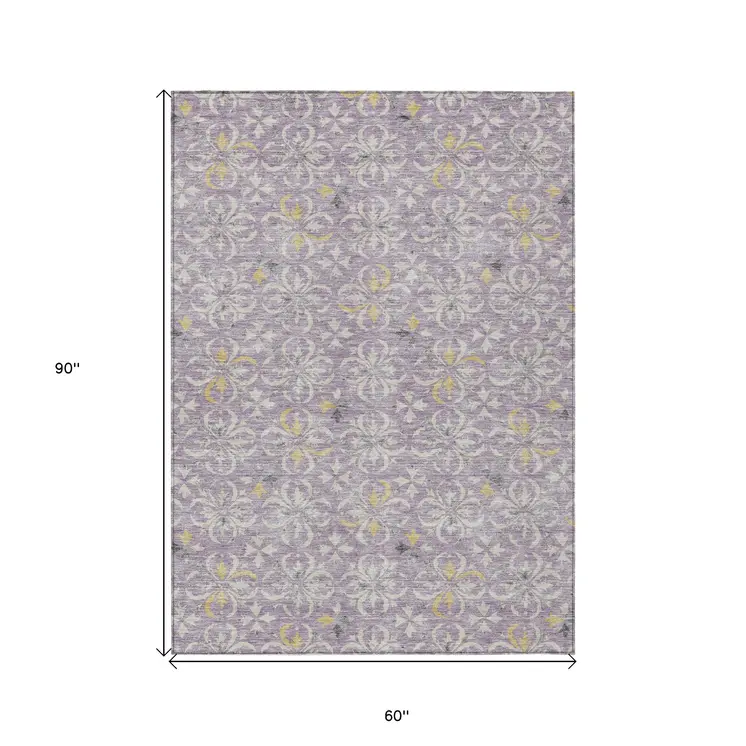 5' X 8' Lavender Gold And Gray Floral Washable Indoor Outdoor Area Rug