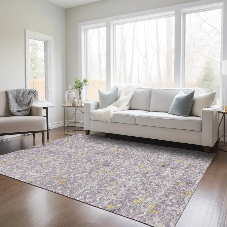 5' X 8' Lavender Gold And Gray Floral Washable Indoor Outdoor Area Rug