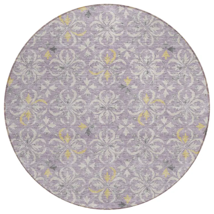 8' Lavender Gold And Gray Round Floral Washable Indoor Outdoor Area Rug