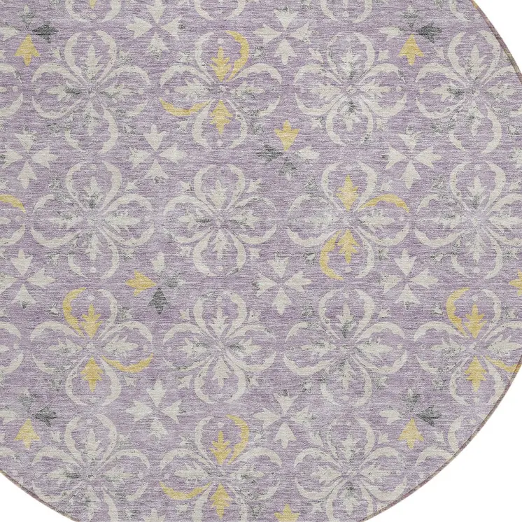 8' Lavender Gold And Gray Round Floral Washable Indoor Outdoor Area Rug