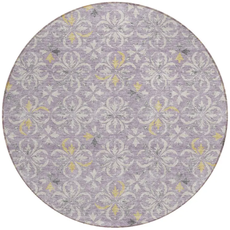 8' Lavender Gold And Gray Round Floral Washable Indoor Outdoor Area Rug