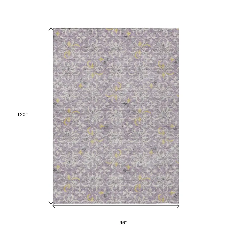 8' X 10' Lavender Gold And Gray Floral Washable Indoor Outdoor Area Rug